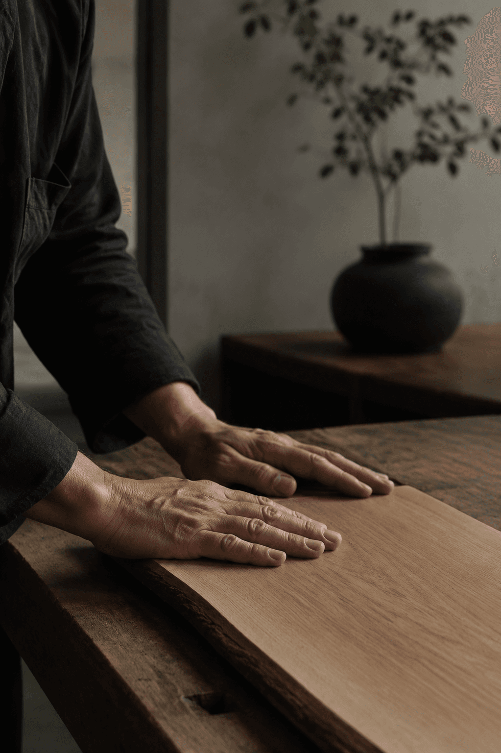 A craftsperson's hands resting on natural oak