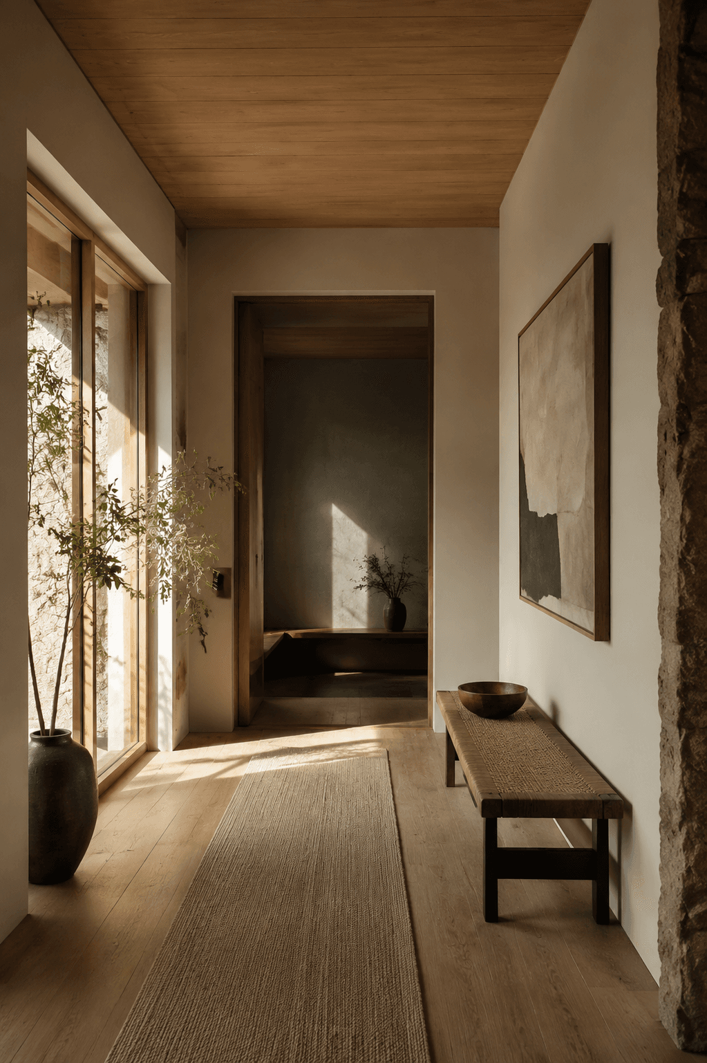 A calm, sunlit hallway with natural materials
