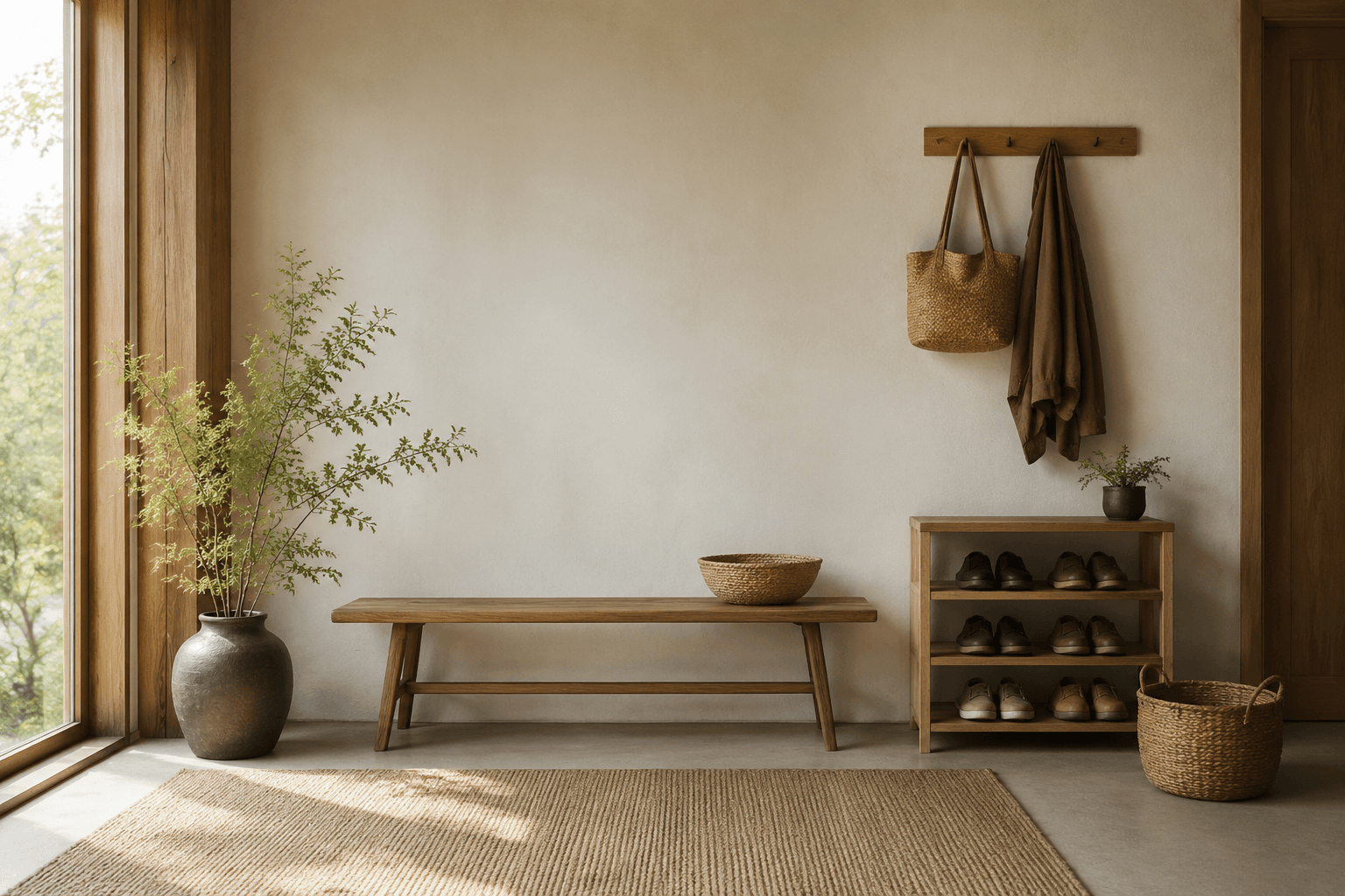 A sunlit Japandi entryway with a wooden bench, shoe rack and woven baskets