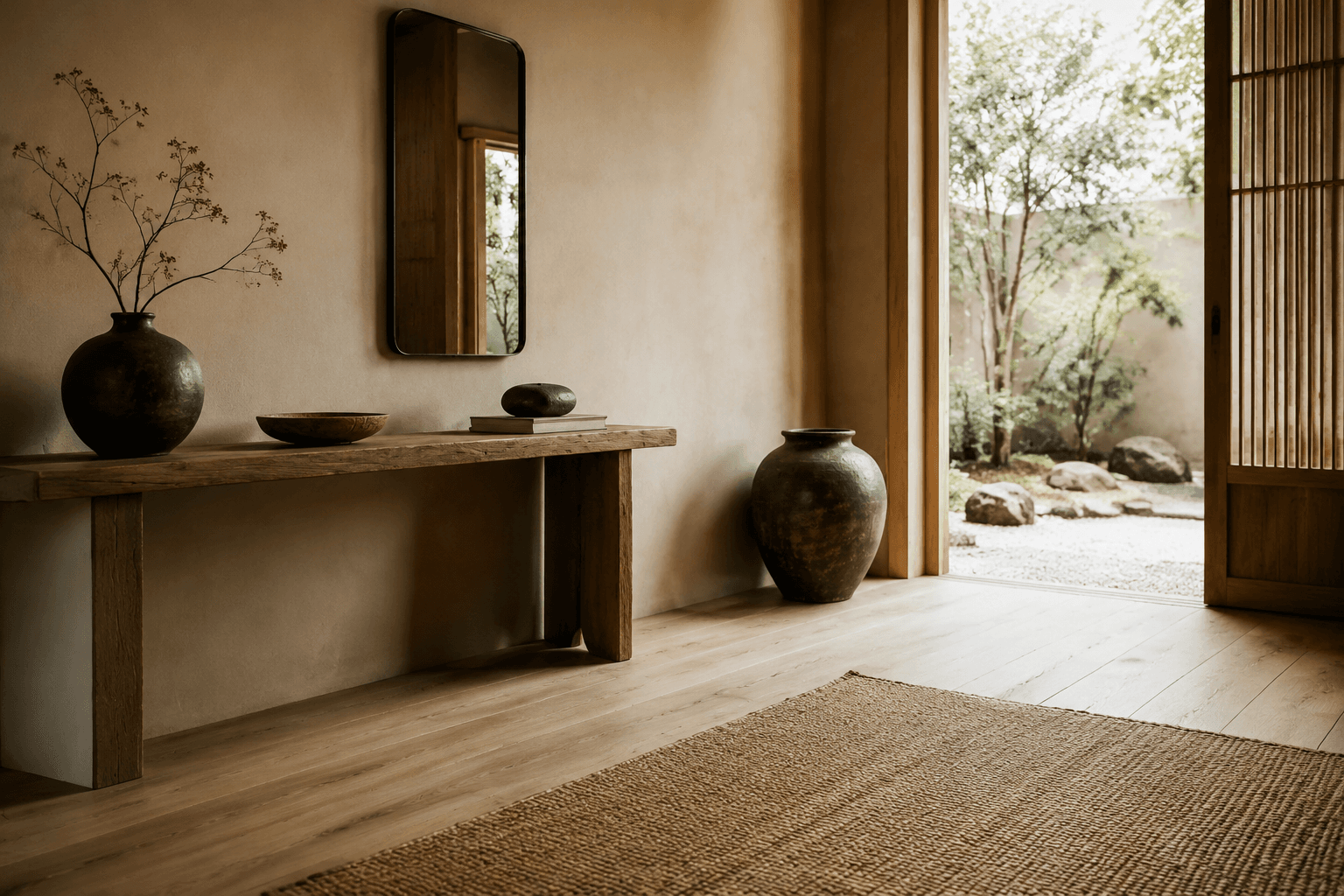 A calm, sunlit entryway with natural materials and generous space